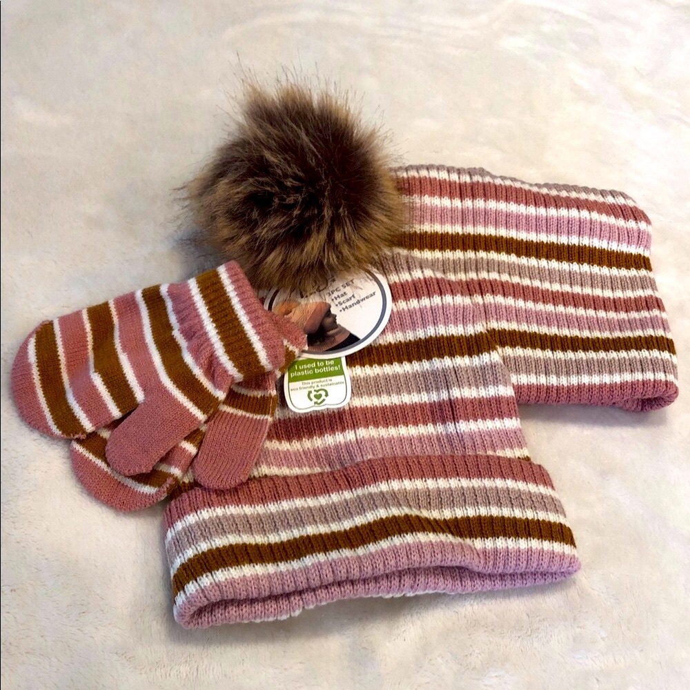 Toby’s toddlers soft striped winter set pom pom beanie scarf gloves cream pink